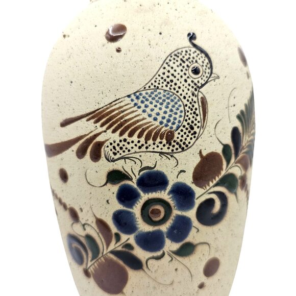 Mexican Tonala Pottery Vase Bird & Floral Design Beige Brown Blue - Picture 2 of 16
